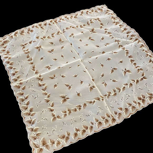 Vintage 1960s Semi-Sheer Lady Handkerchief White and Brown Floral 14x14 in - Picture 1 of 4